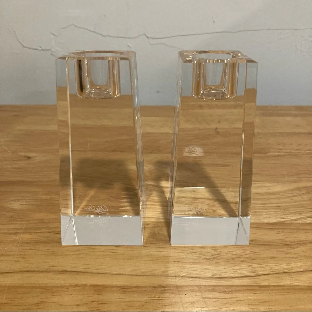 2 Crystal Candle Holders Oleg Cassini Kelly 4” Tall Clear Candlestick Set